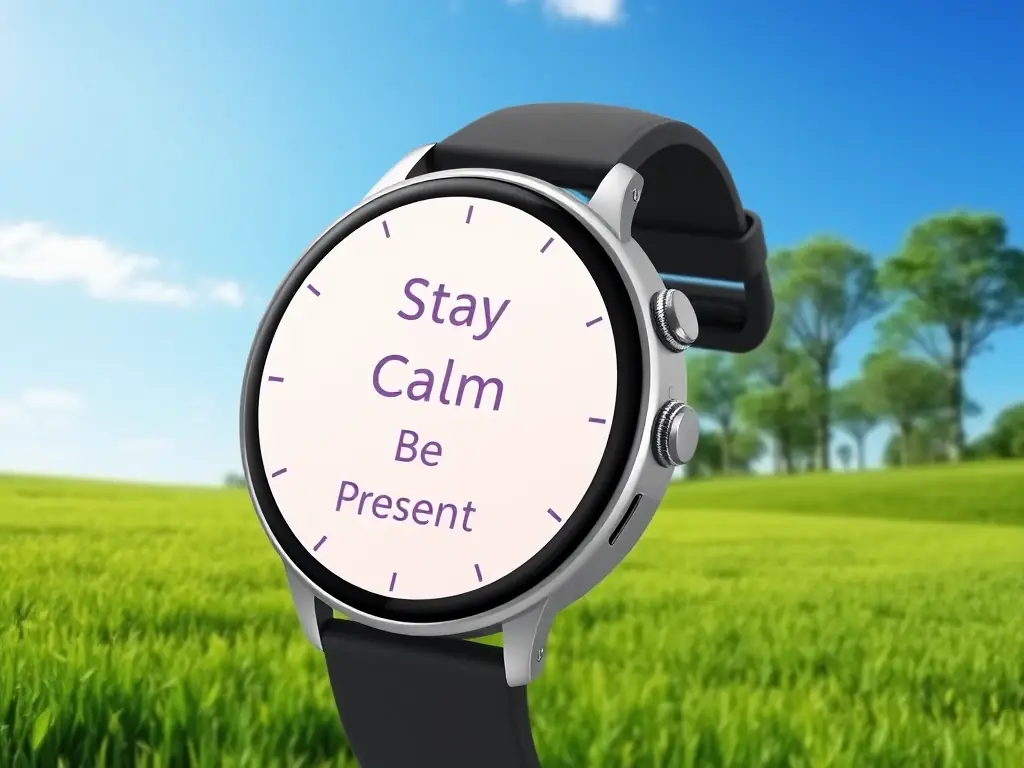 A digital rendering of a smartwatch face displaying encouraging messages and minimalist design elements, set against a backdrop of a serene, natural landscape to emphasize mindfulness.