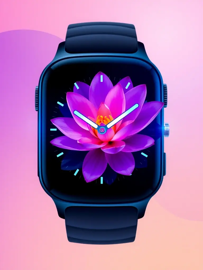 A conceptual image of a digital watch face transforming into a blooming flower, symbolizing growth and mindfulness.