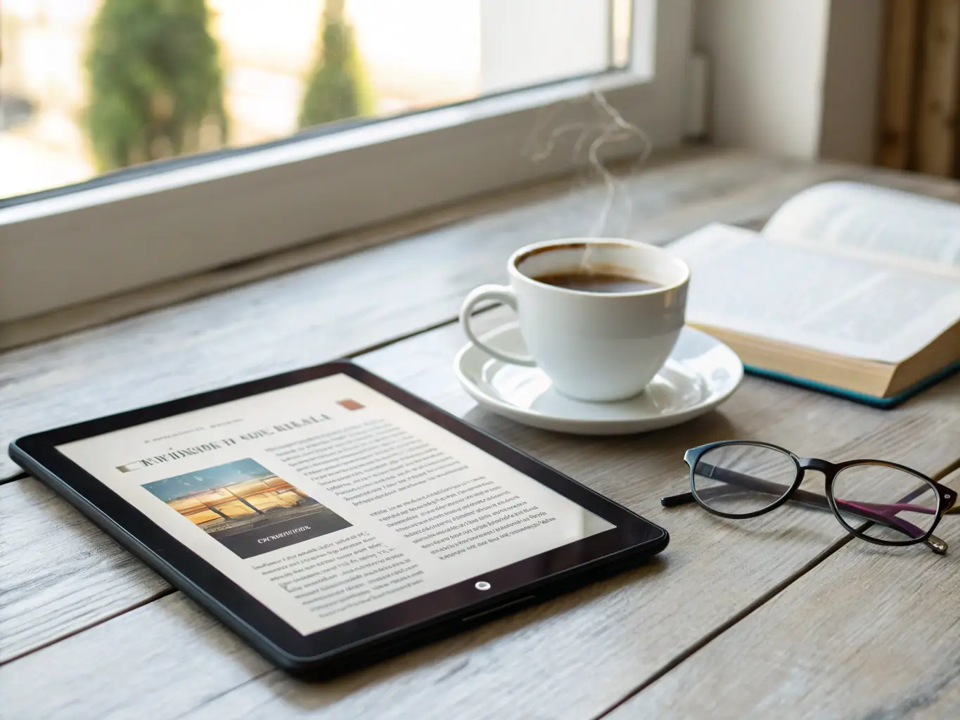 An open ebook on a digital tablet with charts and financial tips, set against a cozy home environment, representing the Financial Independence Ebook.