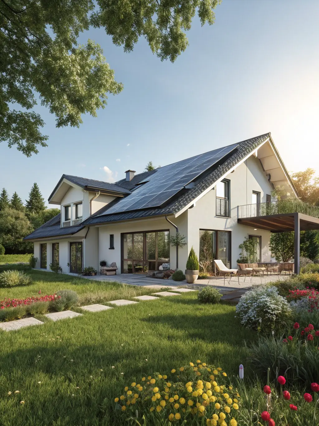 A cozy, self-sufficient home with solar panels and a vegetable garden, representing the autonomy and sustainability promoted in the ebook.