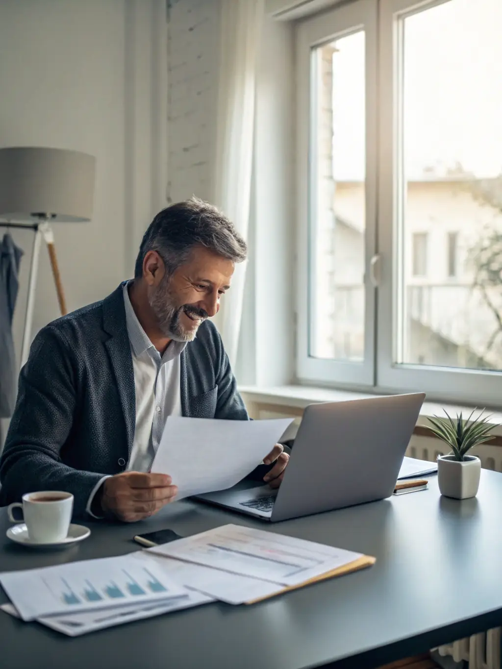 A person relaxing in a sunlit home office, reviewing financial documents with a cup of tea, showcasing the lifestyle enabled by financial independence.