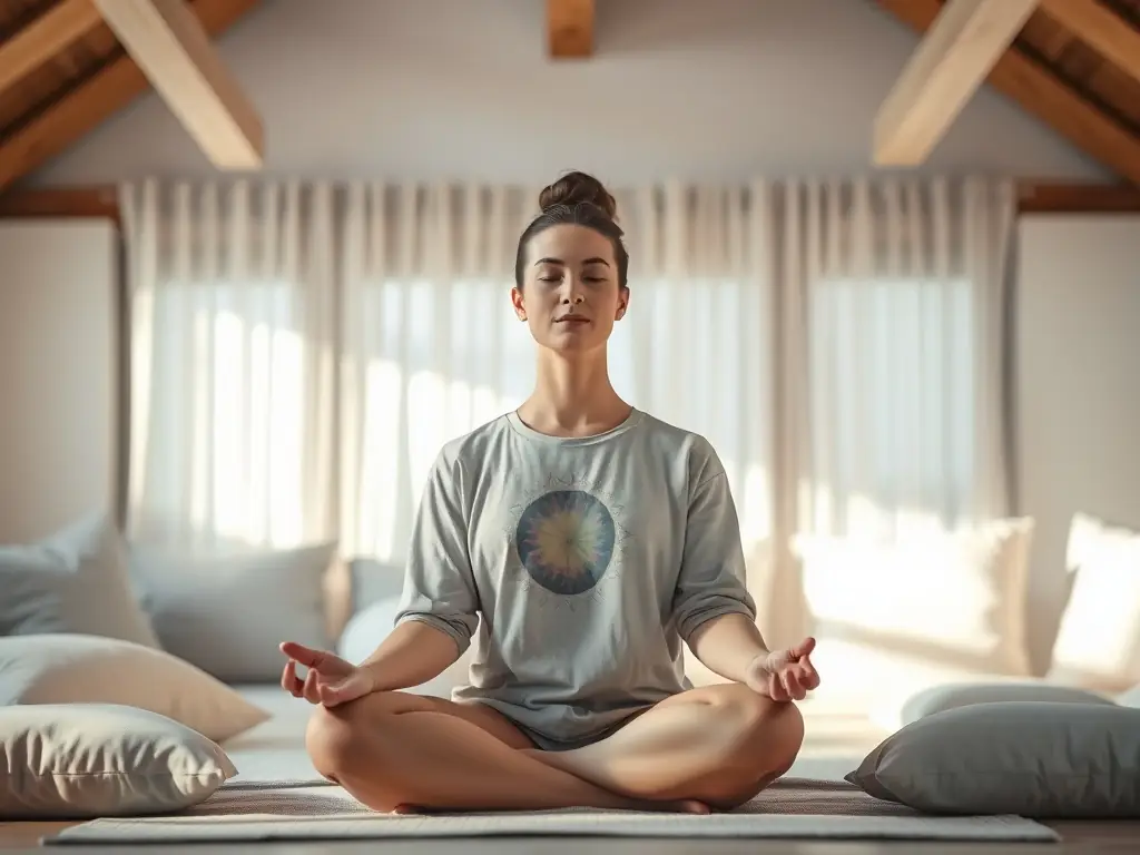 A serene image of a person meditating in a quiet, sunlit room, symbolizing the mindfulness and clarity that Shant's membership promotes.