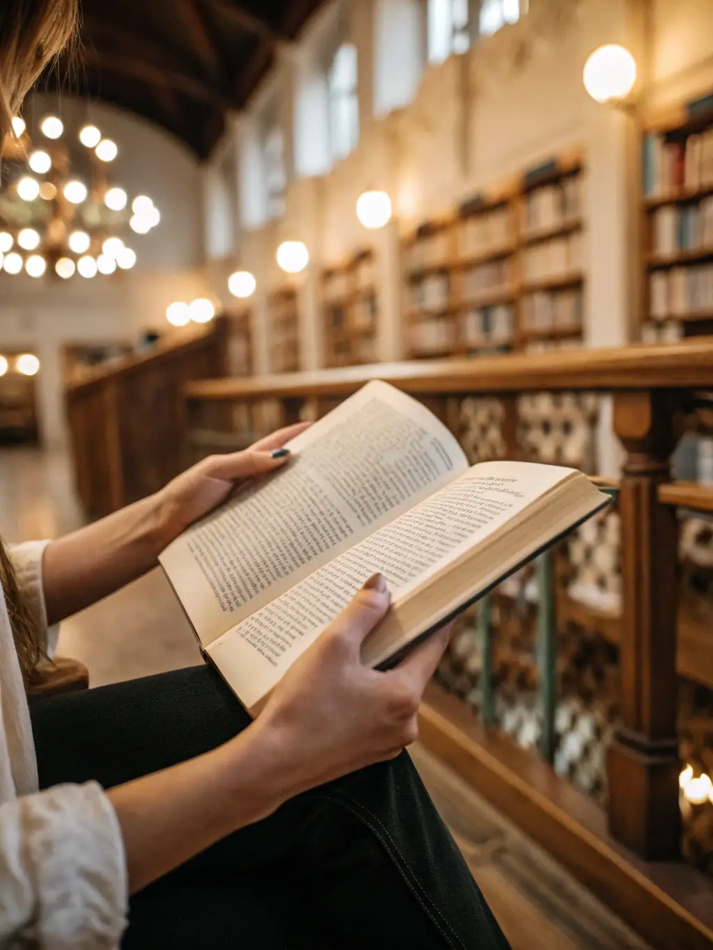 An image of a hand holding an ebook with a minimalist cover design, placed on a desk with a cup of tea and a notebook.