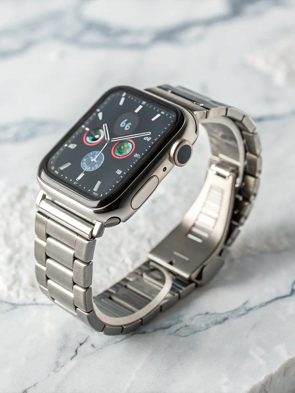 A close-up shot of a digital watch face displaying a calming, minimalist design with subtle philosophical symbols.