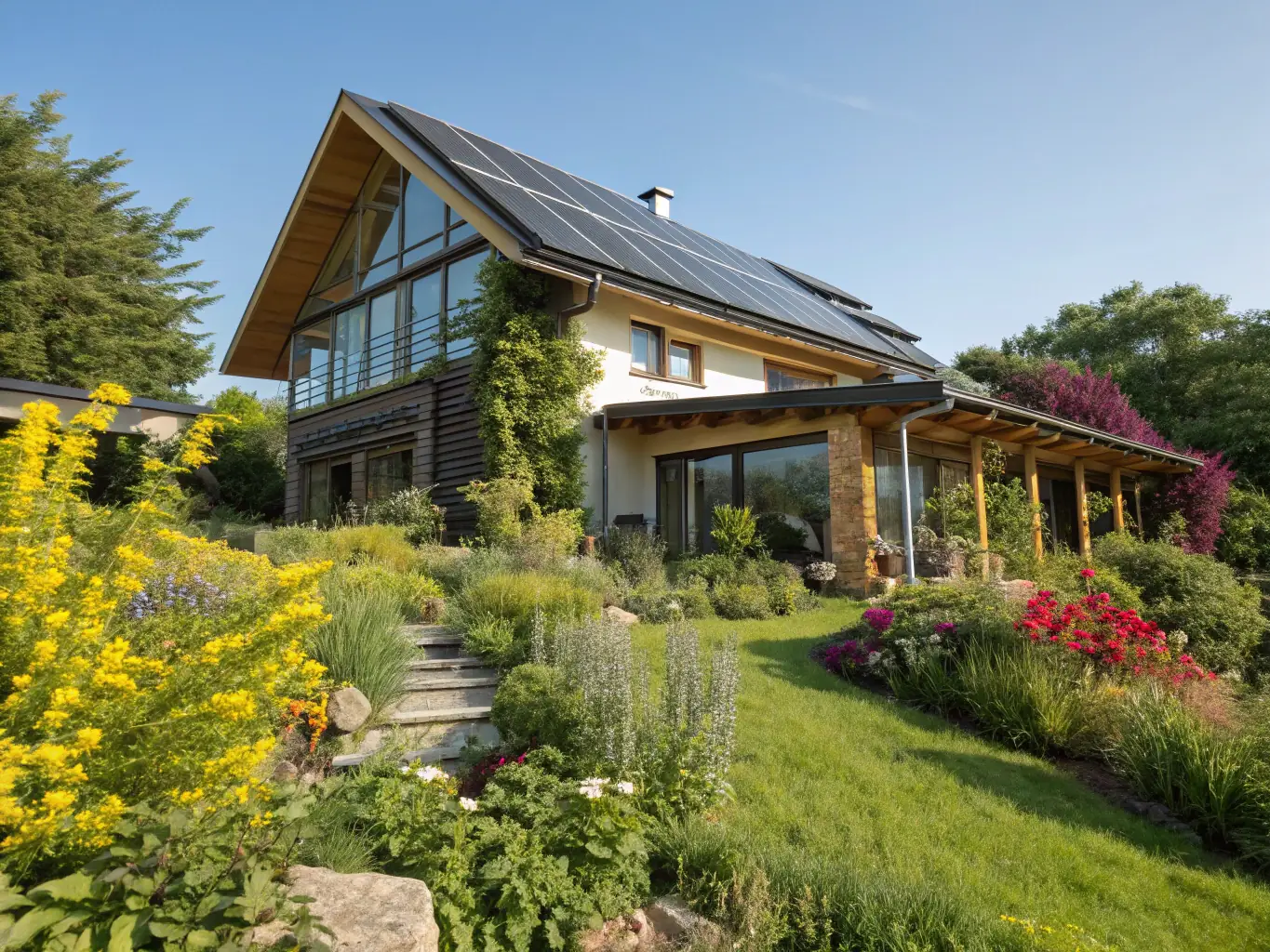 An image depicting a cozy, self-sufficient home with solar panels and a lush garden, symbolizing financial independence and sustainable living.