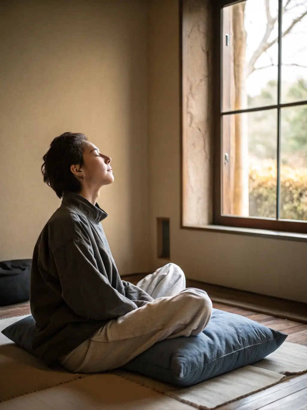 A serene image of a person meditating in a quiet room, bathed in soft light, symbolizing the peace and clarity offered by Shant's insights.