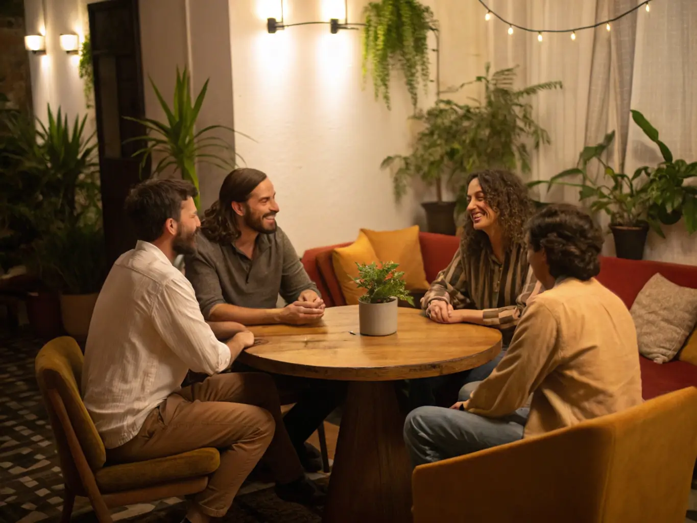 A group of people engaged in a thoughtful discussion in a cozy, well-lit room, representing the community aspect of Shant's membership.