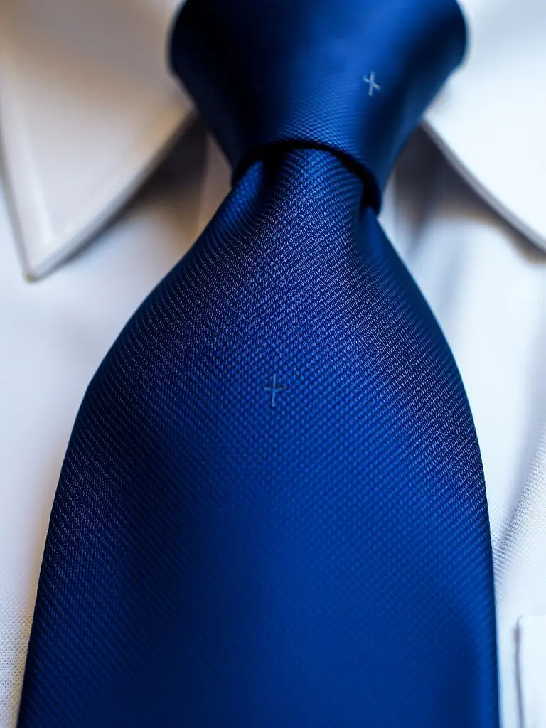 A close-up shot of a navy blue necktie with a subtle cross pattern, displayed on a crisp white shirt, suitable for a church service.