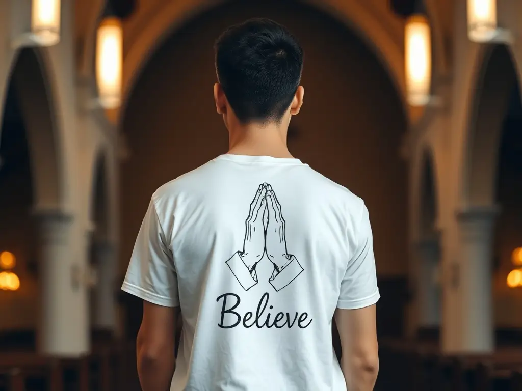 A person wearing a white t-shirt with an artistic rendering of praying hands and the word 'Believe' underneath, set against a blurred background of a church interior.