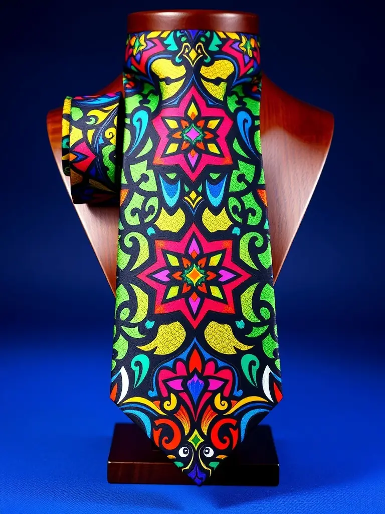 A vibrant image of a silk necktie with a colorful stained glass window pattern, displayed on a display stand, suitable for special occasions.
