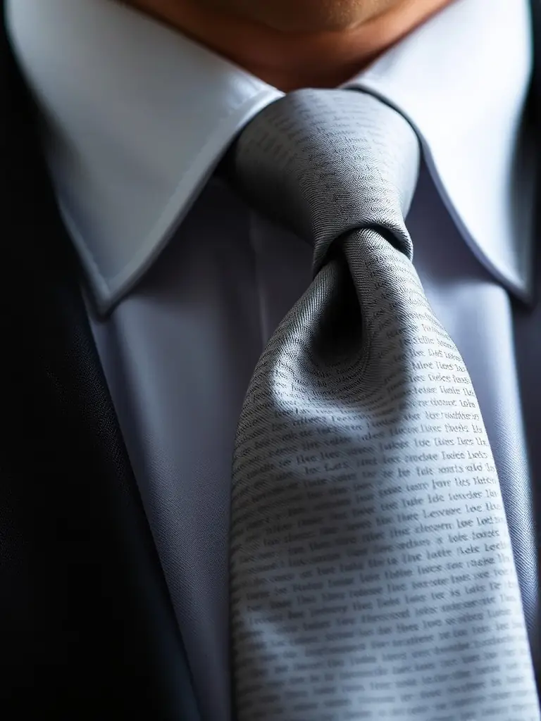 A stylish gray necktie with a subtle Bible verse pattern, displayed on a suit, suitable for professional settings.
