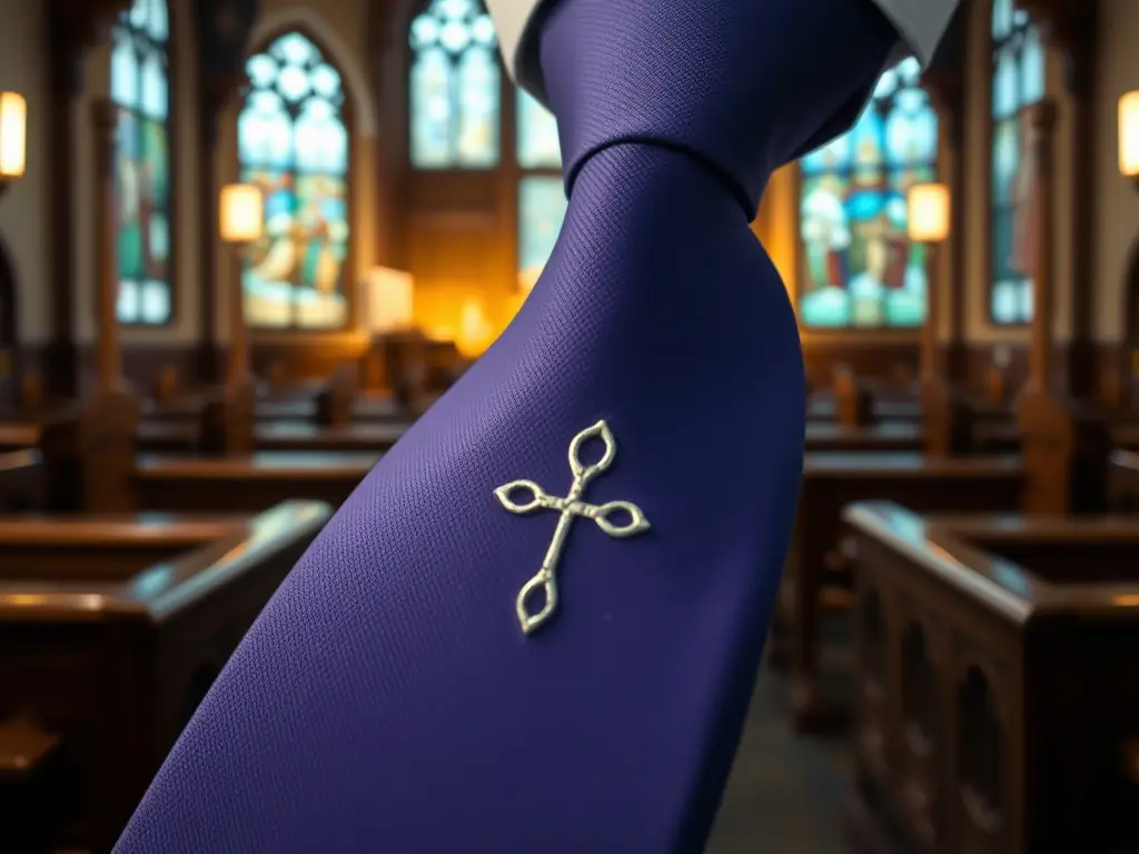 A close-up shot of a Casual Play Shirts necktie with a subtle Christian symbol woven into the design, displayed against a backdrop of a church interior.