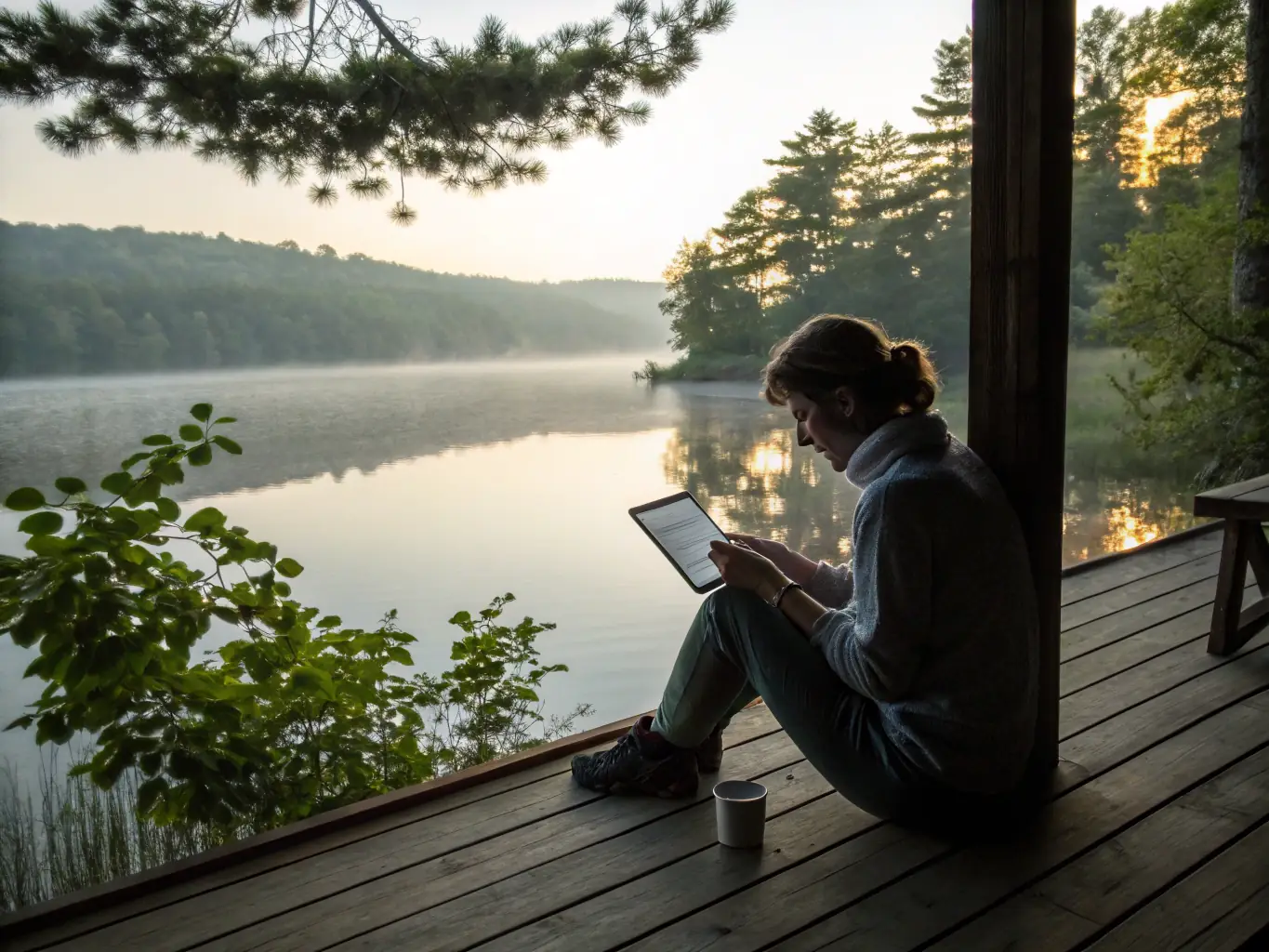 A person reading a Casual Play Shirts e-book on a tablet, with a serene, nature-inspired background.