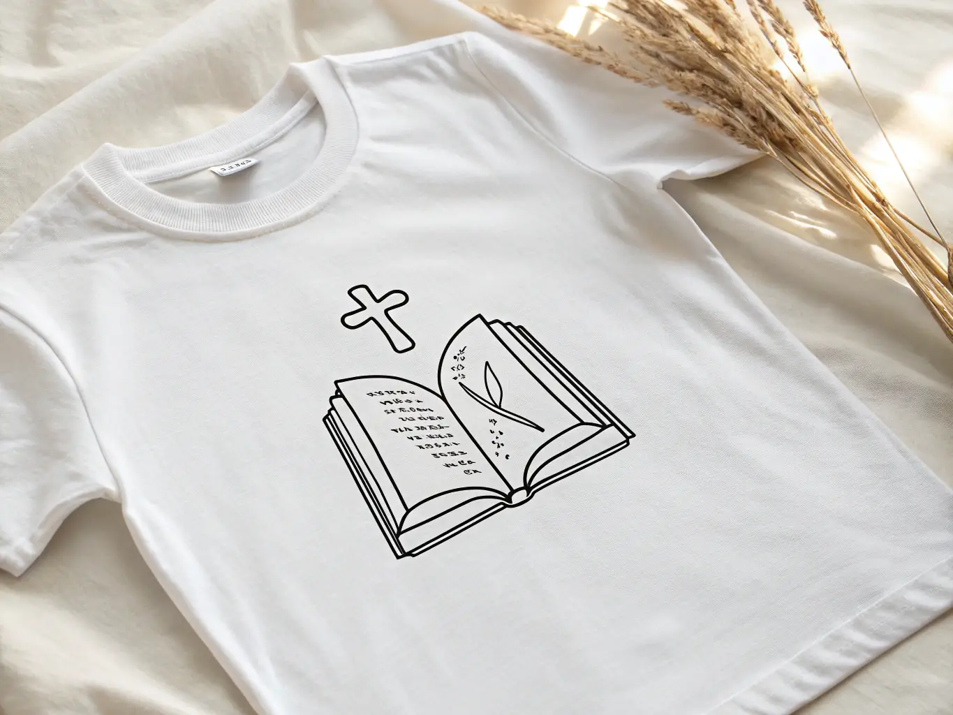 A close-up shot of a light gray t-shirt with a subtle design featuring a Bible verse reference (e.g., John 3:16) integrated into a modern graphic.