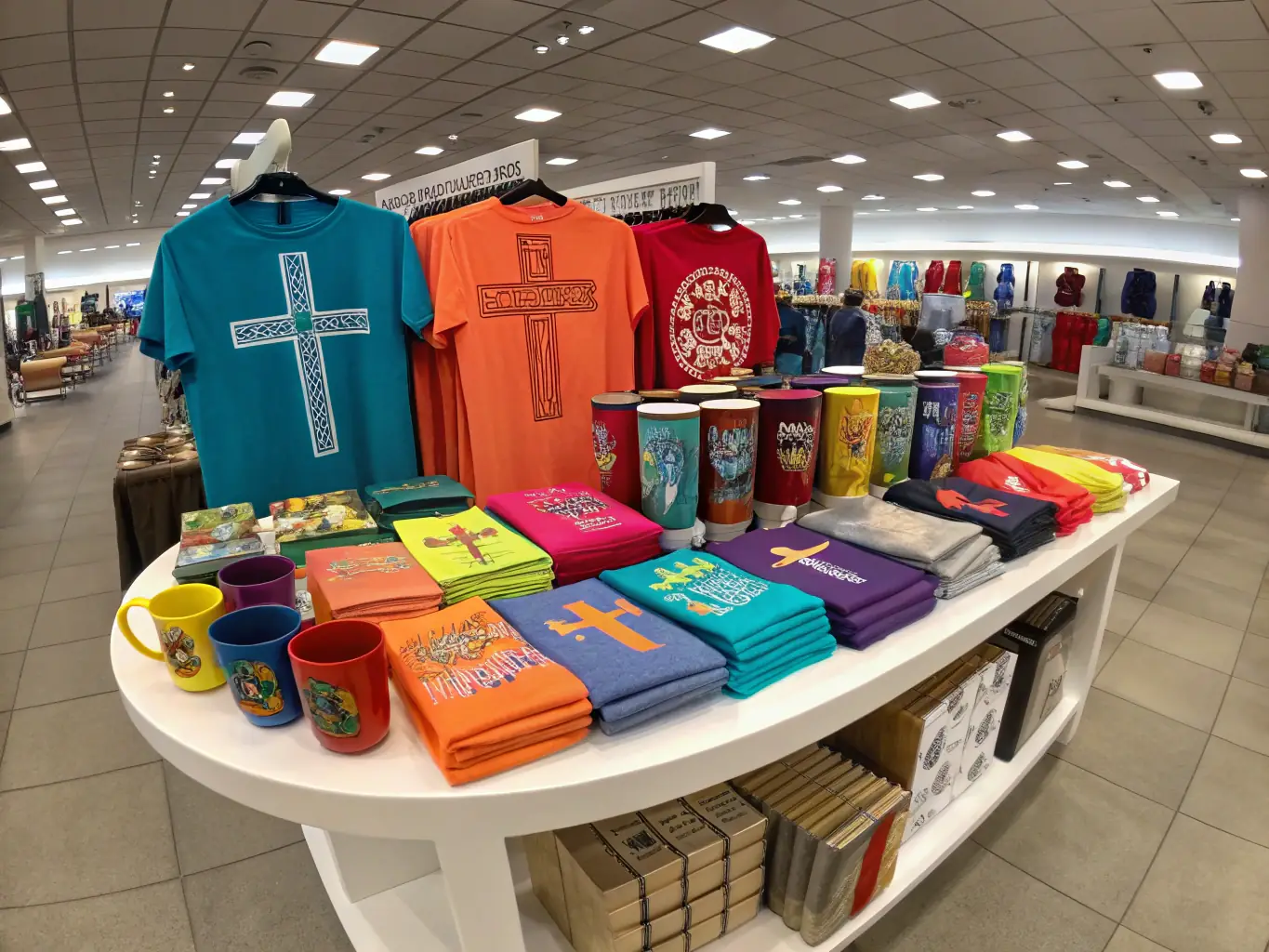 A high-quality image showcasing a variety of Casual Play Shirts t-shirts with inspiring quotes and Christian themes, displayed on mannequins in a well-lit studio setting.