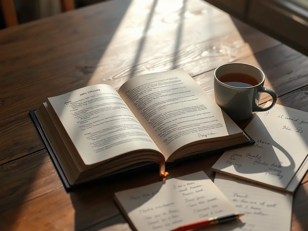 A serene image of an open e-book on a rustic wooden table, bathed in soft, natural light, with a cup of tea and a small cross nearby, symbolizing reflection and spiritual nourishment.