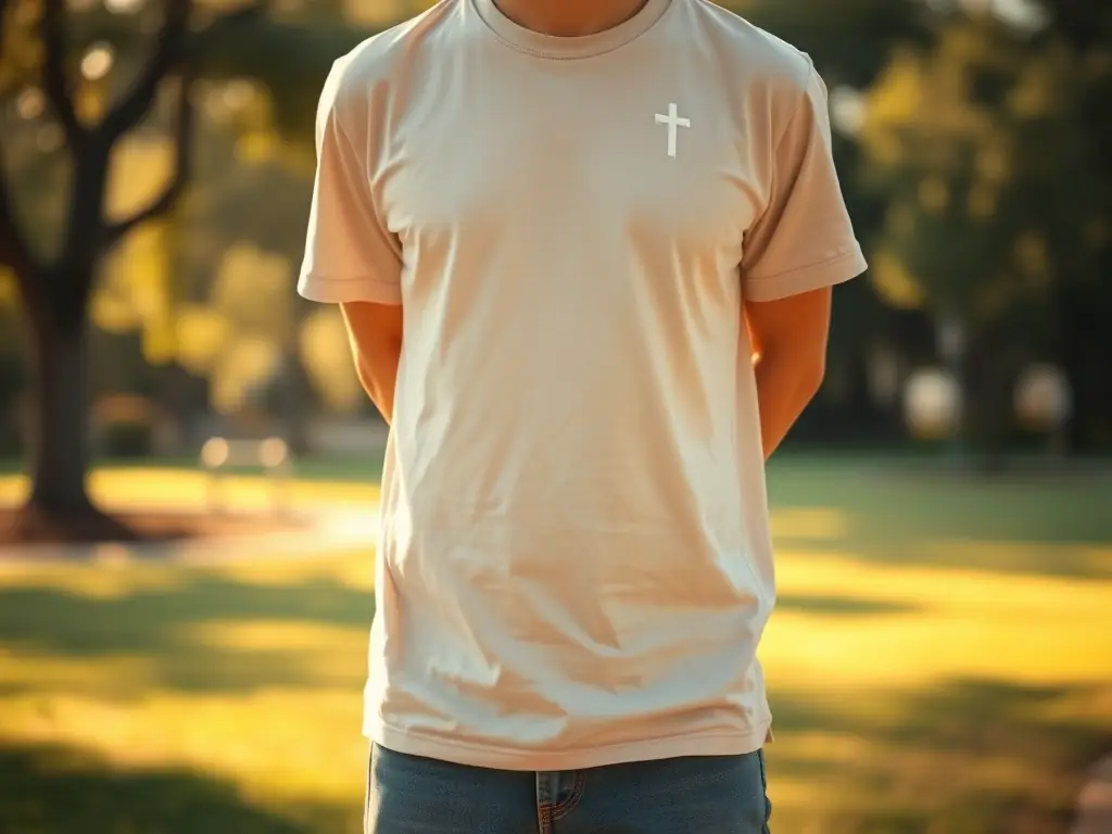 A person wearing a dark blue t-shirt with a white cross design and the quote 'Faith Over Fear' printed on it, standing in a park with a serene expression.