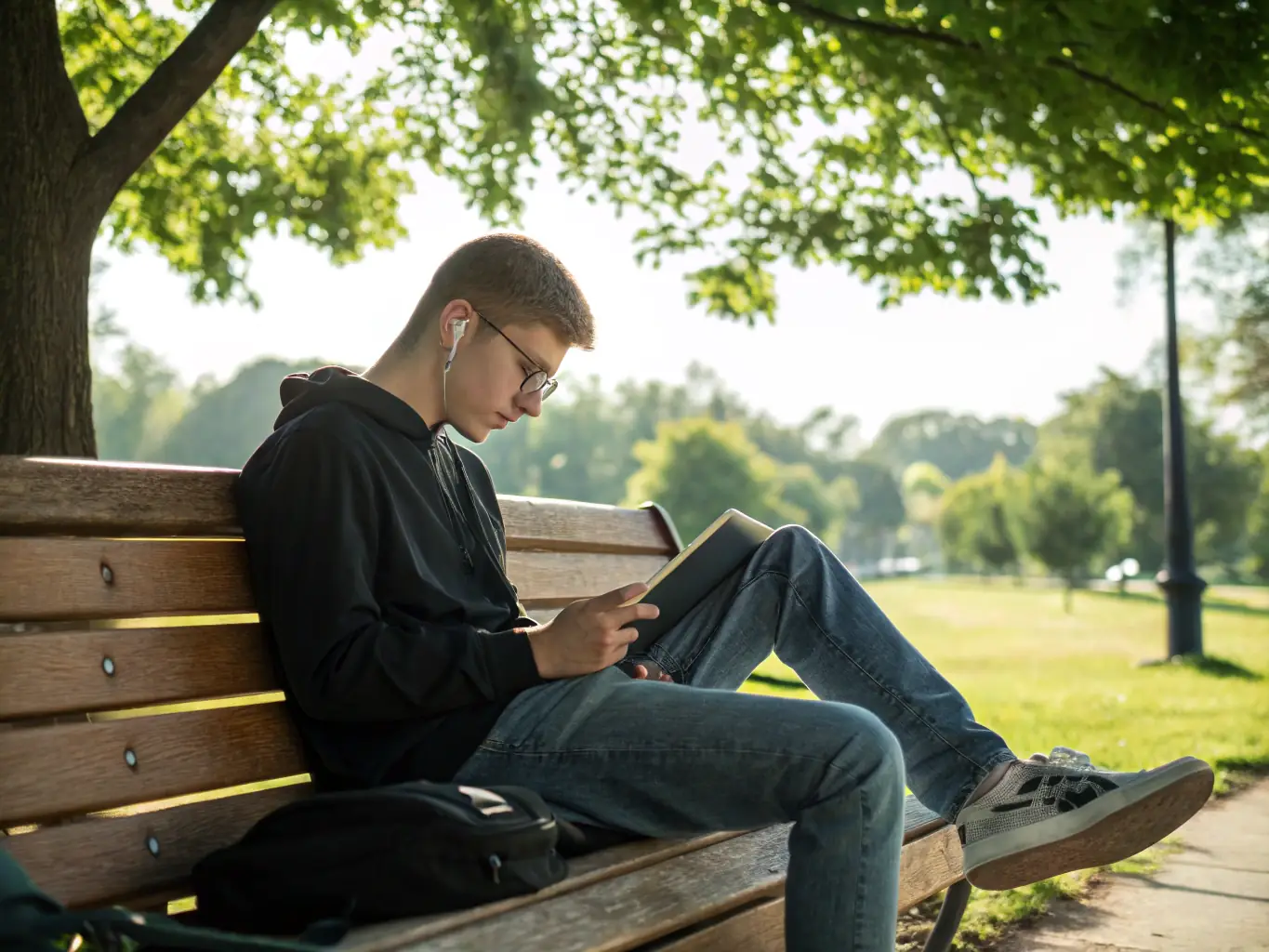 A serene image depicting a person reading an e-book in a peaceful natural setting, symbolizing the reflective and inspiring content of the e-book. The scene should evoke a sense of calm and spiritual connection.