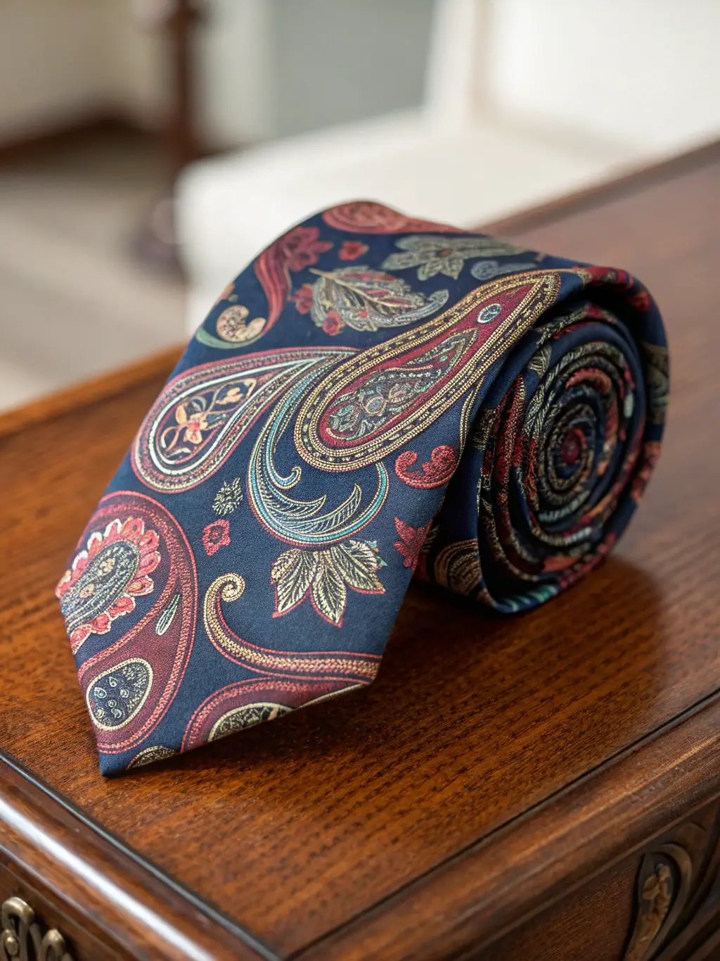 An image of a burgundy necktie with a subtle dove pattern, displayed on a mannequin, ideal for a wedding.